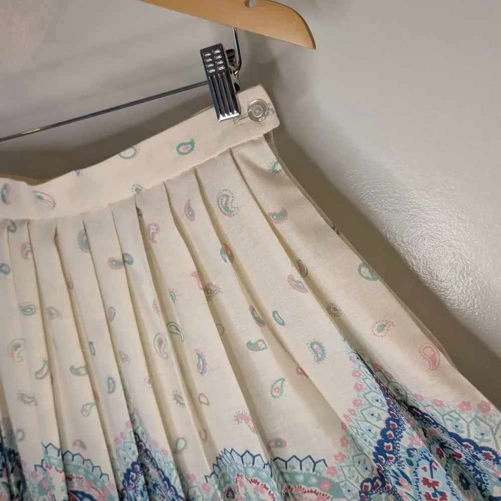 Vintage 80s Sears Pleated Paisley Maxi Skirt Border Print Cream Boho Size 14